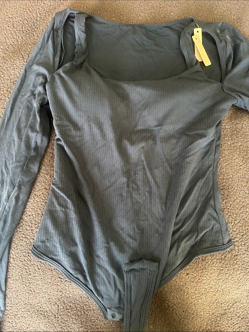 Square Neck Ribbed Long-Sleeve Bodysuit — Black